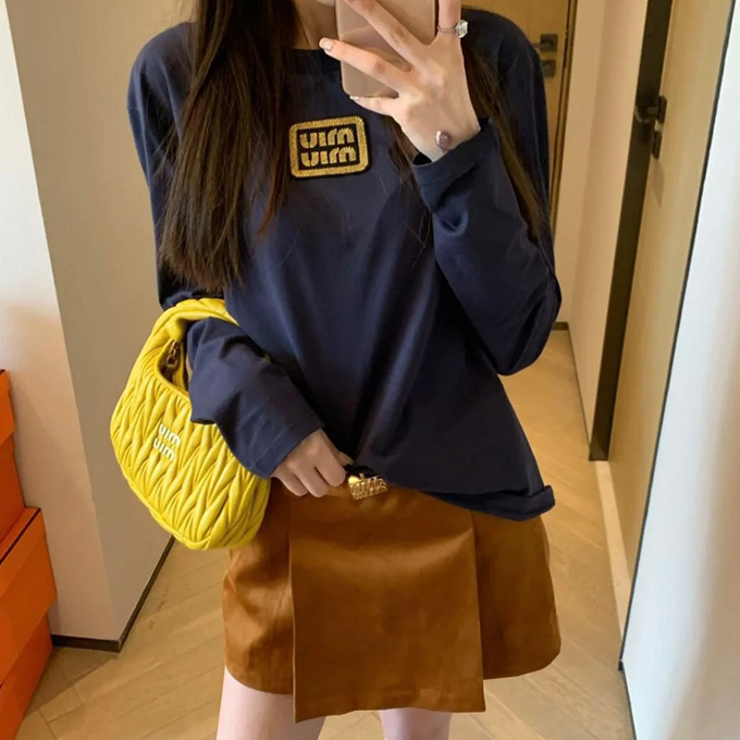 9A+ quality miu miu gold logo patch long-sleeve t-shirt